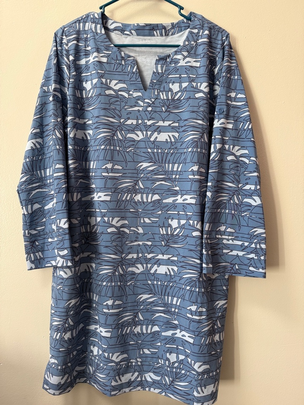 L.L. Bean Beach Swim Cover Up Tunic Blue Tropical Palm Leaf Pattern Medium